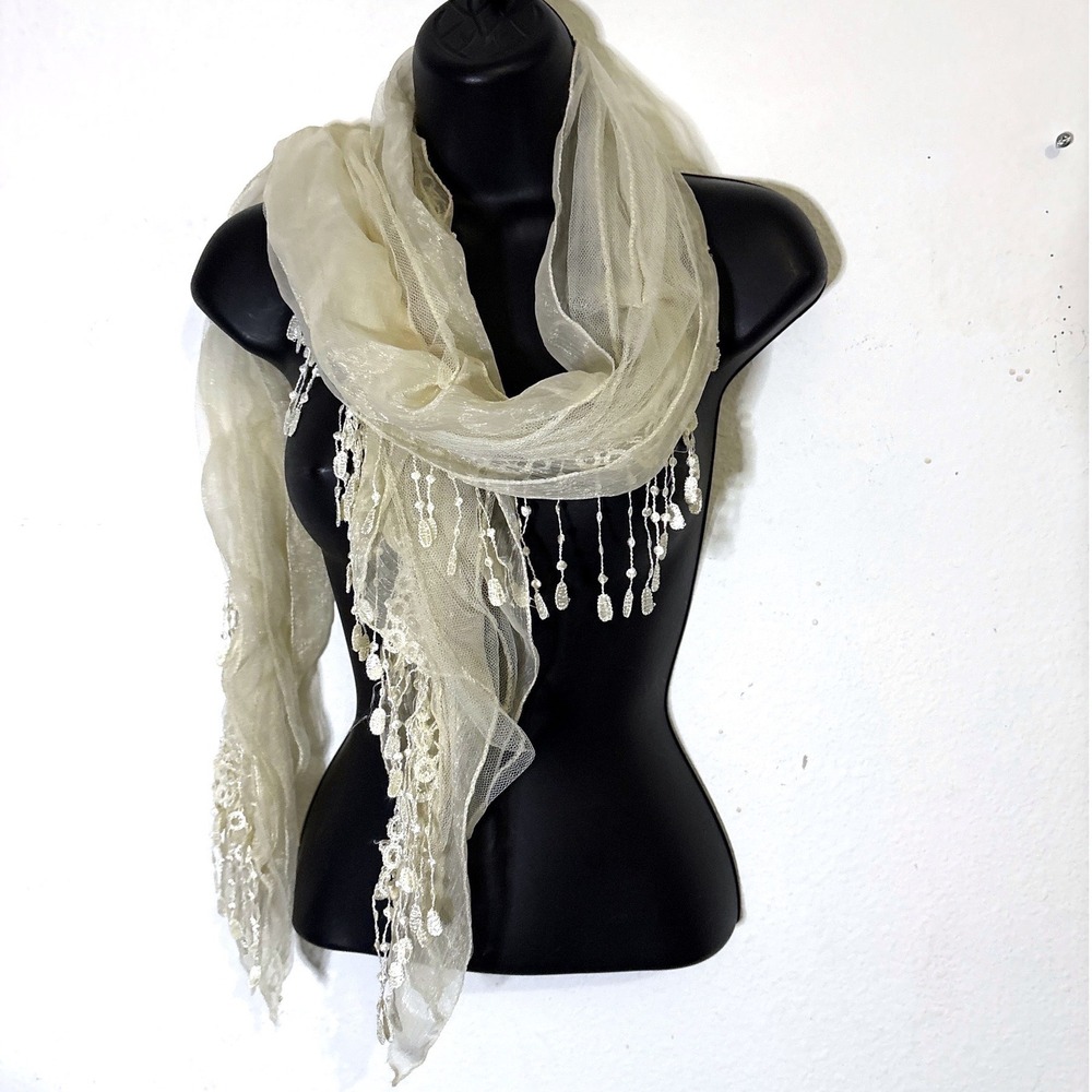 Kirkland's Scarf Cream Cottagecore Eyelet Lace Ruffle Tassel Coquette Dainty Fem